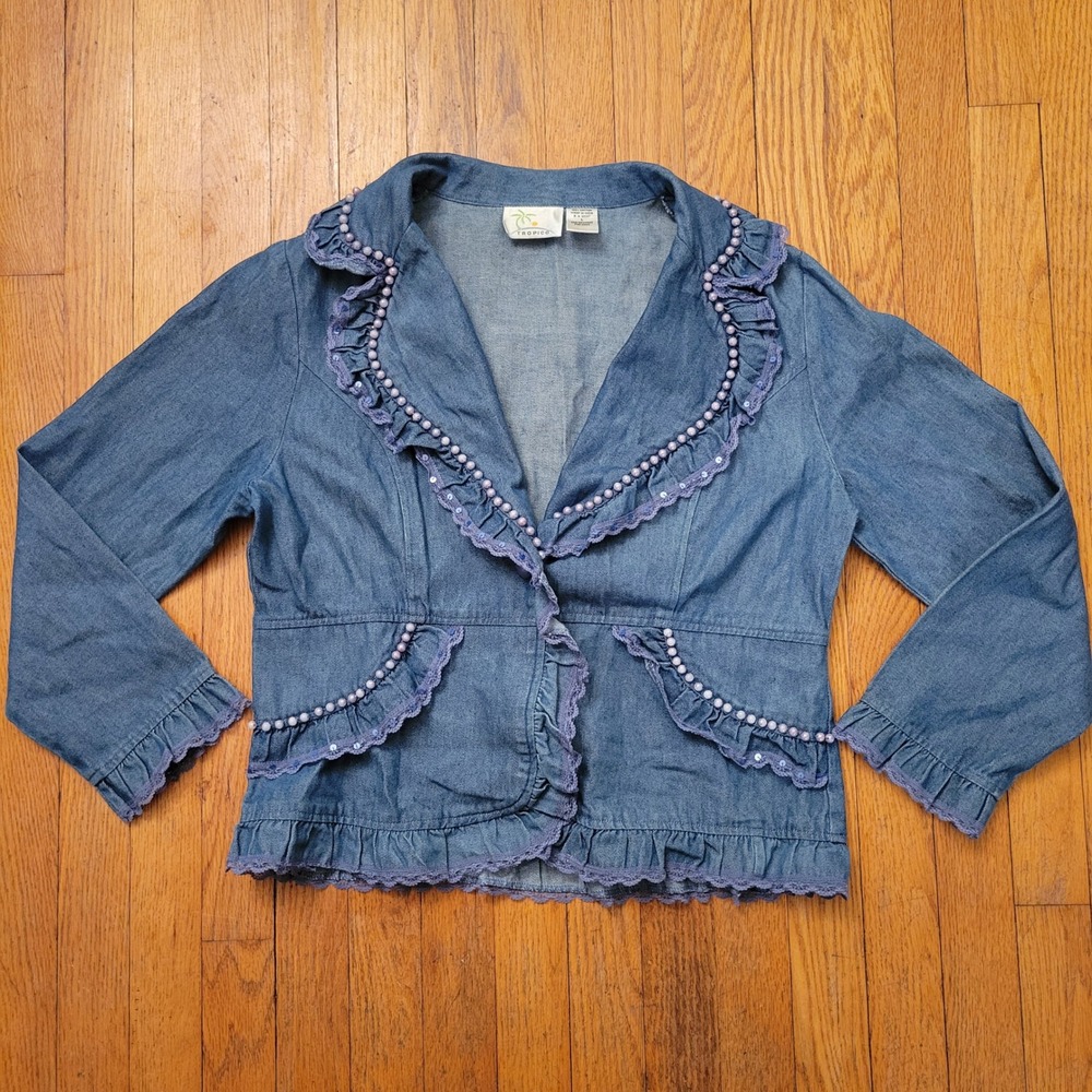 Tropico Blue Denim Ruffle‎ Jacket Lace Sequin Pearl Embellished L Cottage Boho